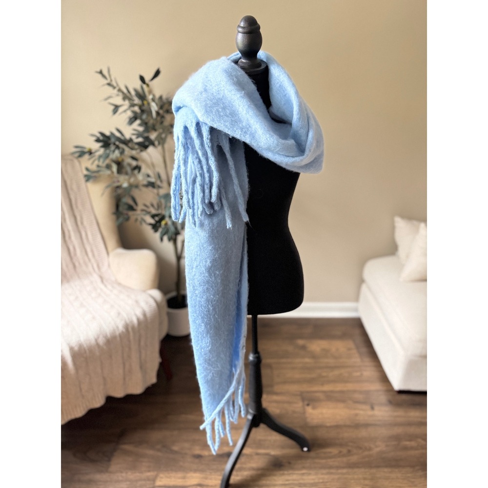 Light Blue Oversized Fuzzy Blanket Scarf Chunky Knit Fringe Tassel Wrap